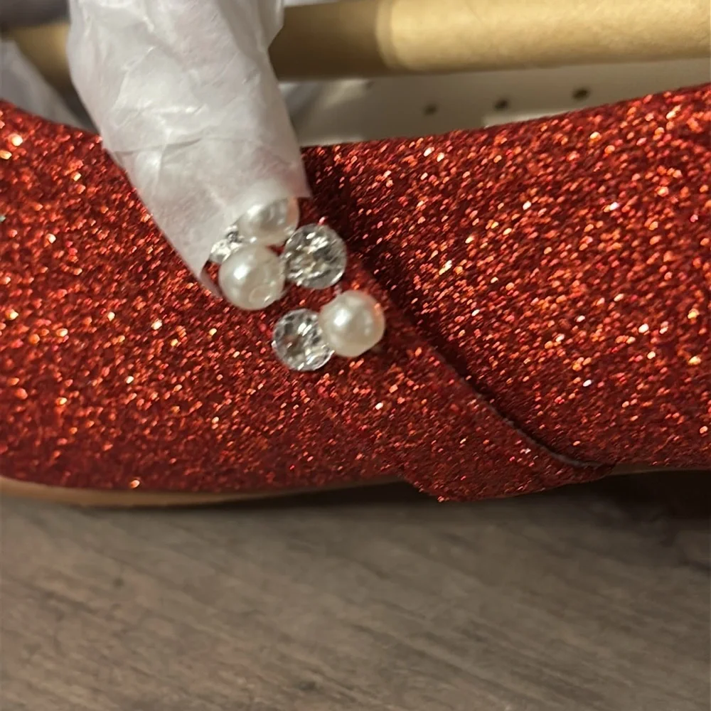 NIB Mary Jane GIRLS SZ 1 RED GLITTER DRESS Shoes LOW HEEL w/Pearls & Rhinestones